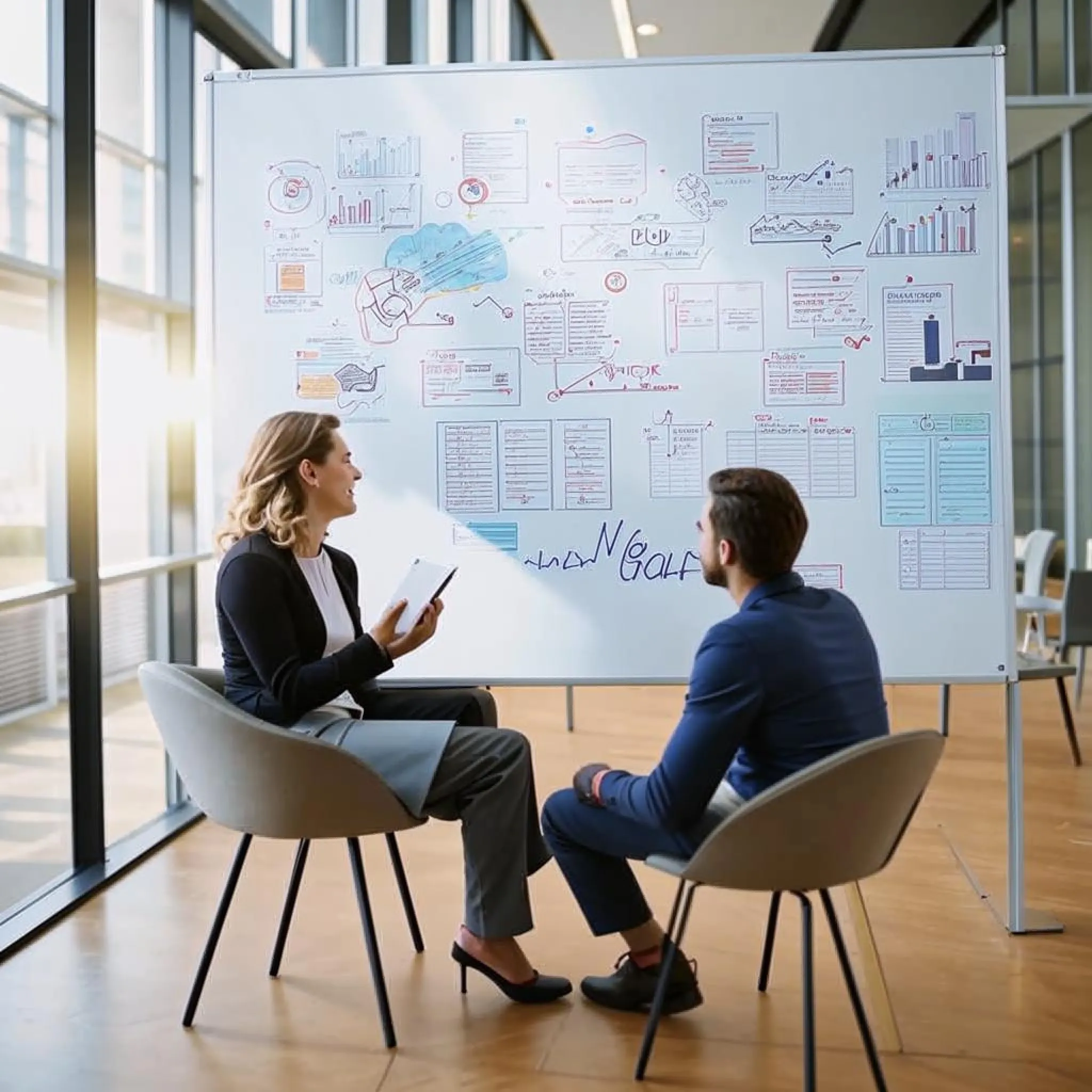 Mentor biznesowy rozmawia z przedsiębiorcą przy analizie wyników